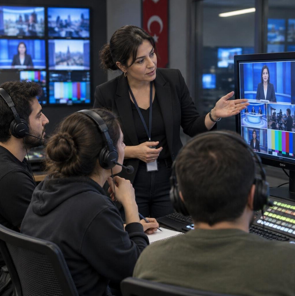 Presenter coaching a group with a screen