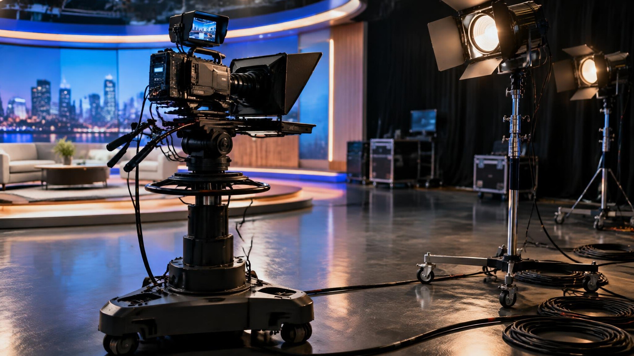 Film and broadcast set with camera and lights