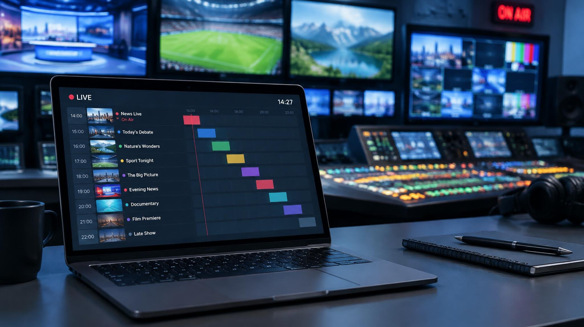 Laptop on a desk showing production schedule in a broadcast control room