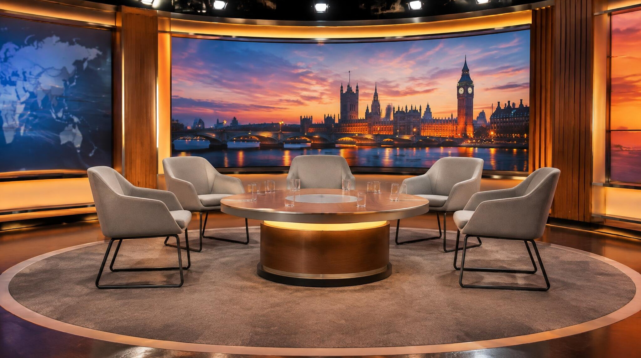 Panel discussion stage with seats and lighting